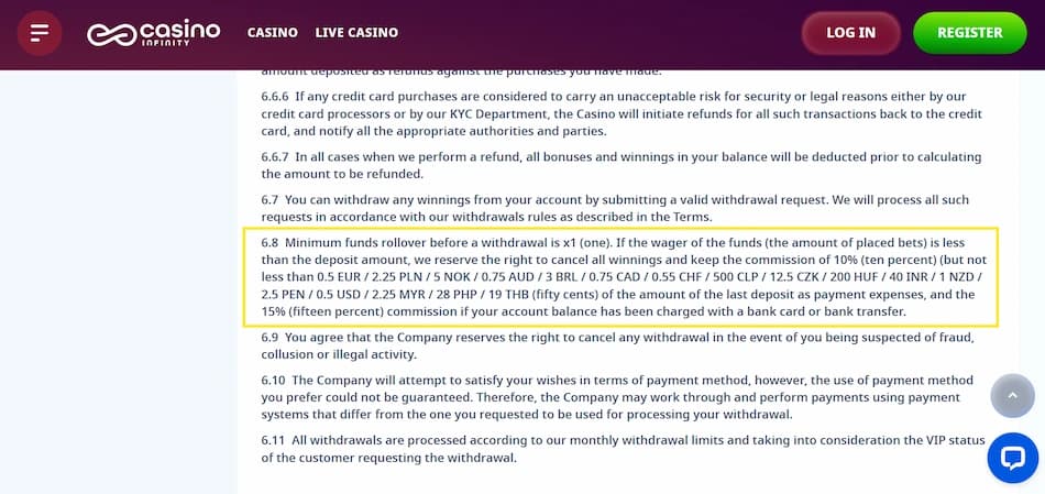 Casino Infinity terms and conditions page showing the minimum funds rollover rule on a white background.