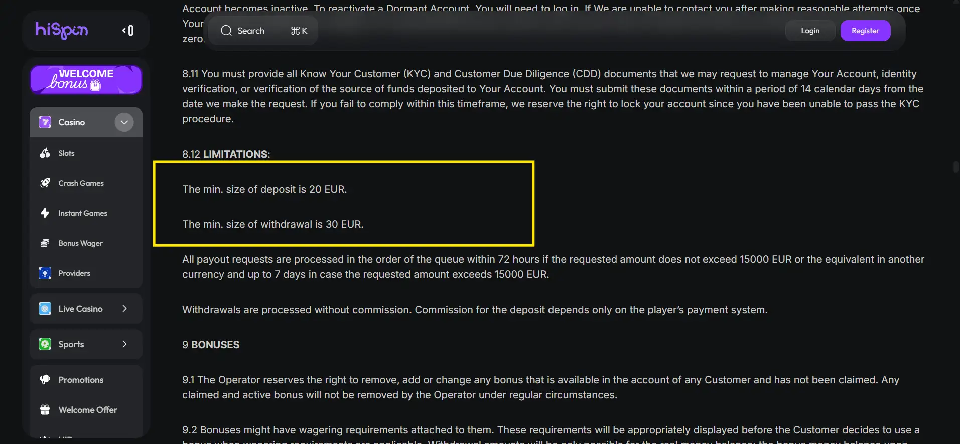 HiSpin Casino terms and conditions page with key limitations highlighted on a dark background.