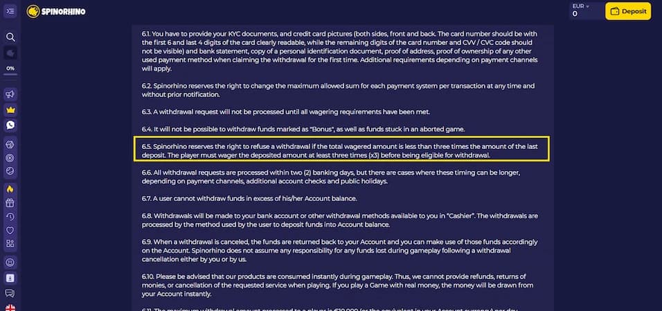 Spinorhino Casino withdrawal terms and conditions displayed on a blue background.