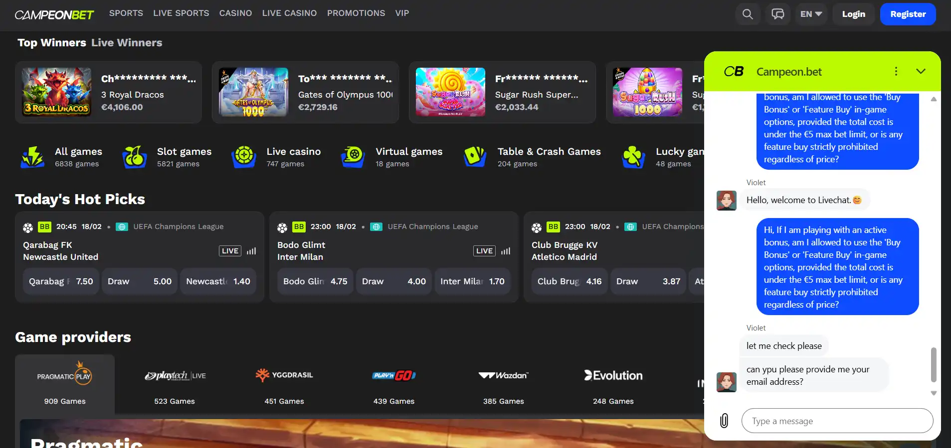 NeonDeuces editor in a live chat conversation with Campeonbet support against a black background.