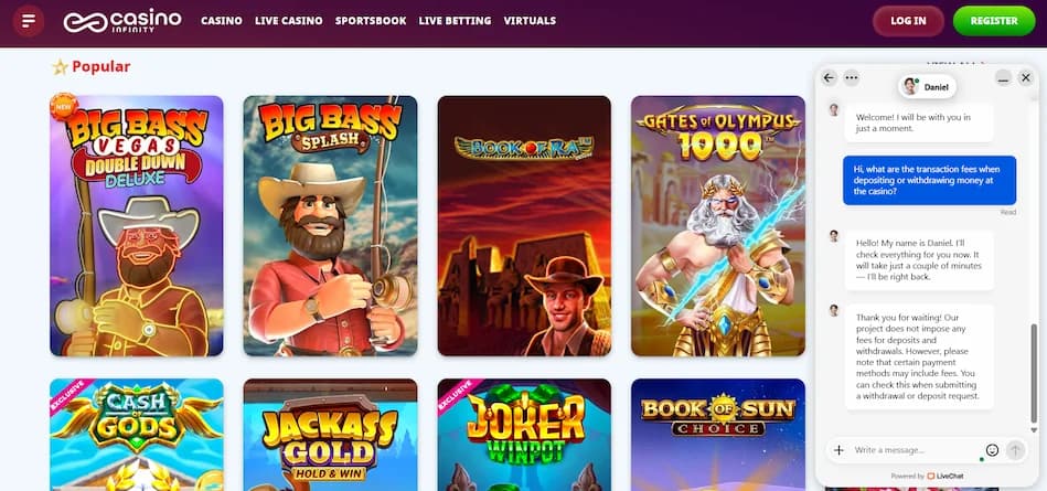 Casino Infinity live chat support conversation shown on a white background, tested by a NeonDeuces editor