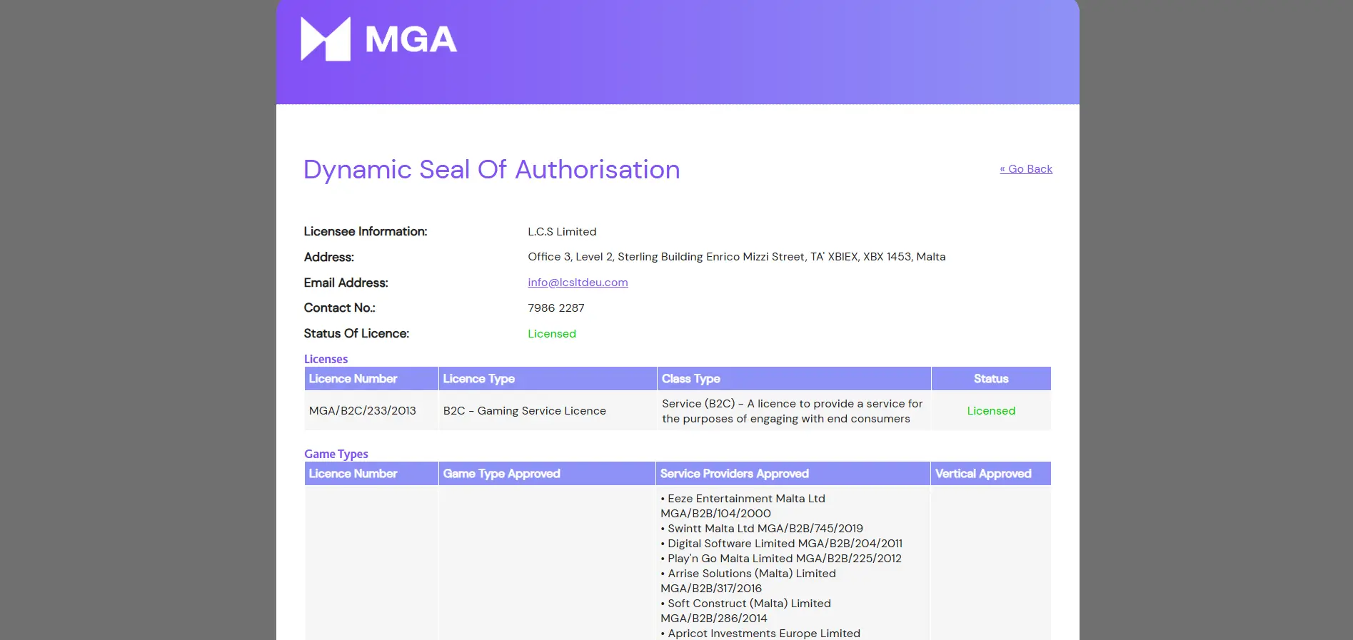 FreeSpinza MGA licence details issued to L.C.S. Limited