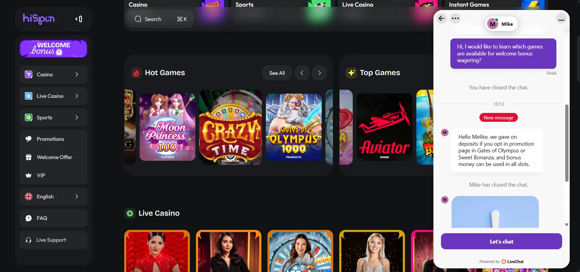 NeonDeuces editor in conversation with a HiSpin Casino live chat support agent on the casino's main page.