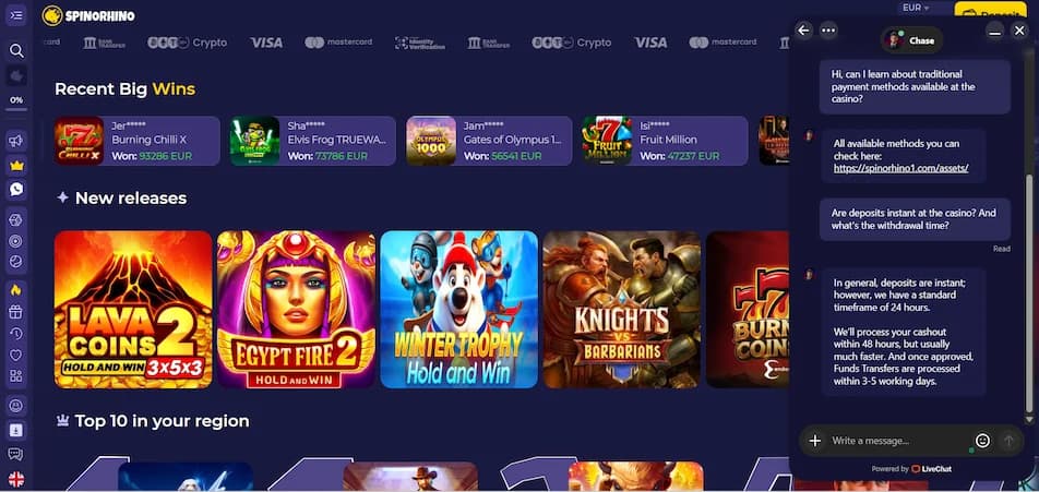 Spinorhino Casino live chat conversation between a NeonDeuces editor and a support agent shown on a blue background.