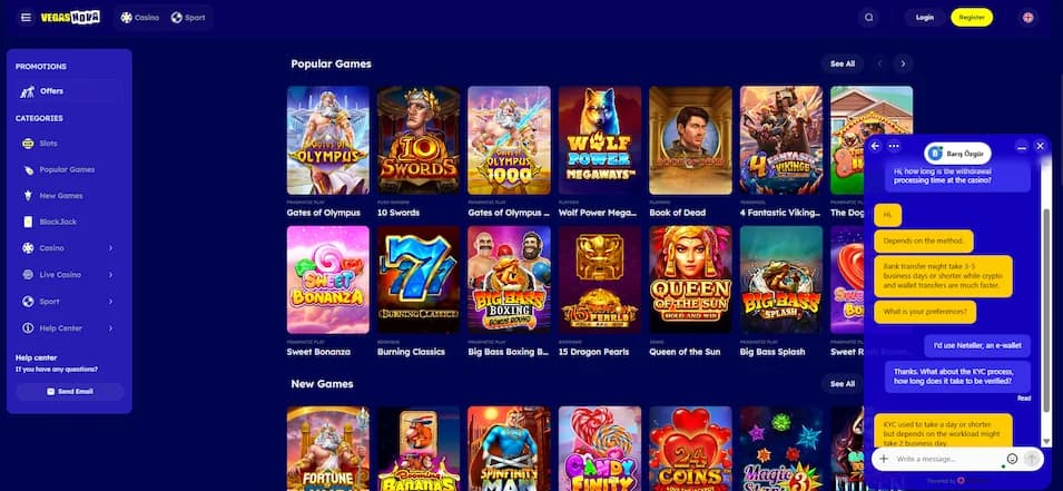 Vegas Nova live chat interface showing a real agent responding to a player query