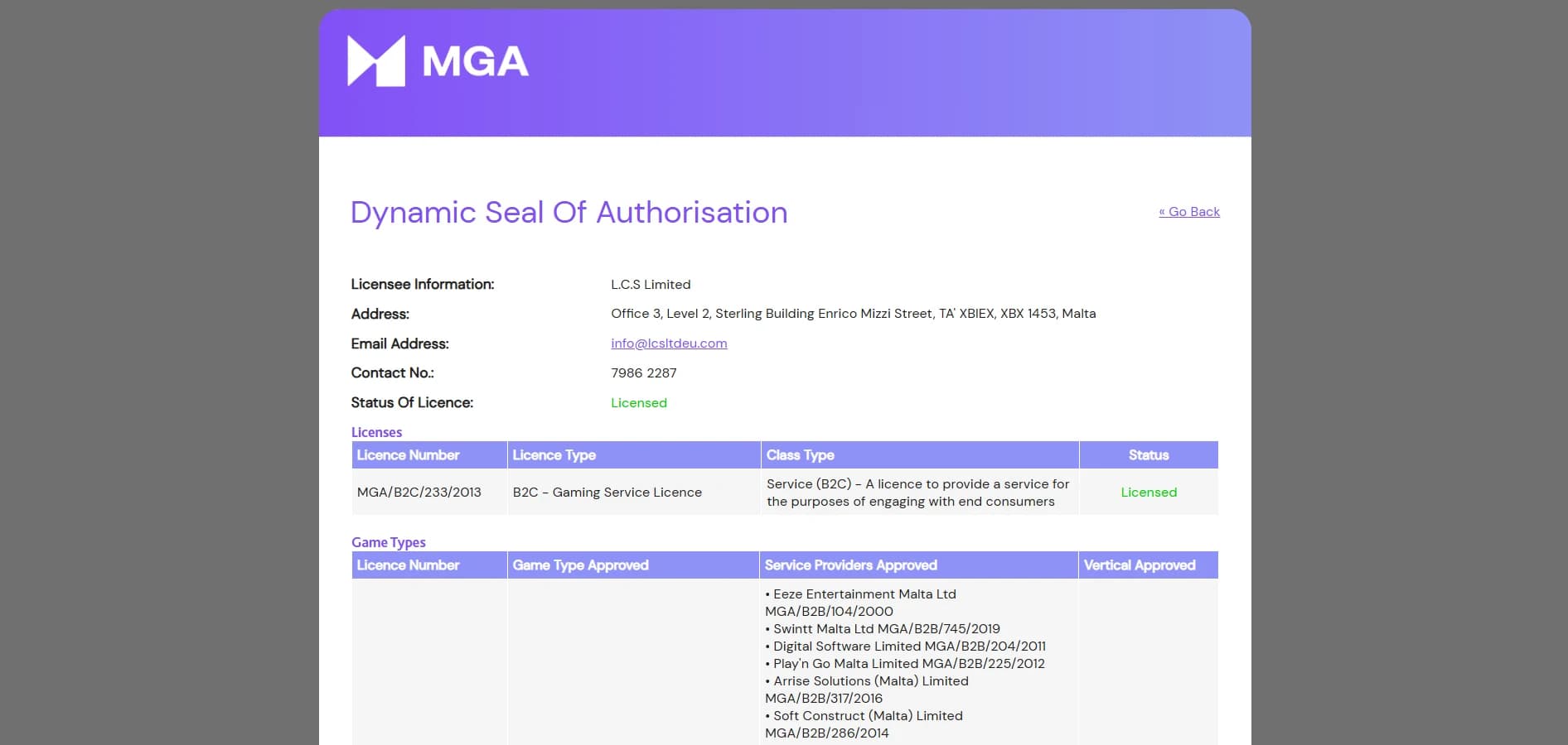 MGA licence details for Campeonbet operator L.C.S. Limited shown on a white background.