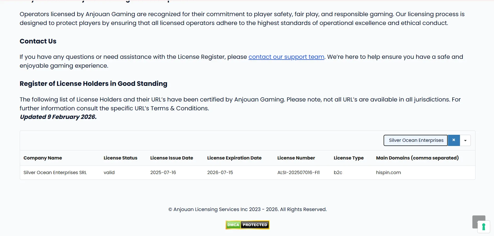 HiSpin Casino licence details displayed on the Anjouan Gaming website with a white background.