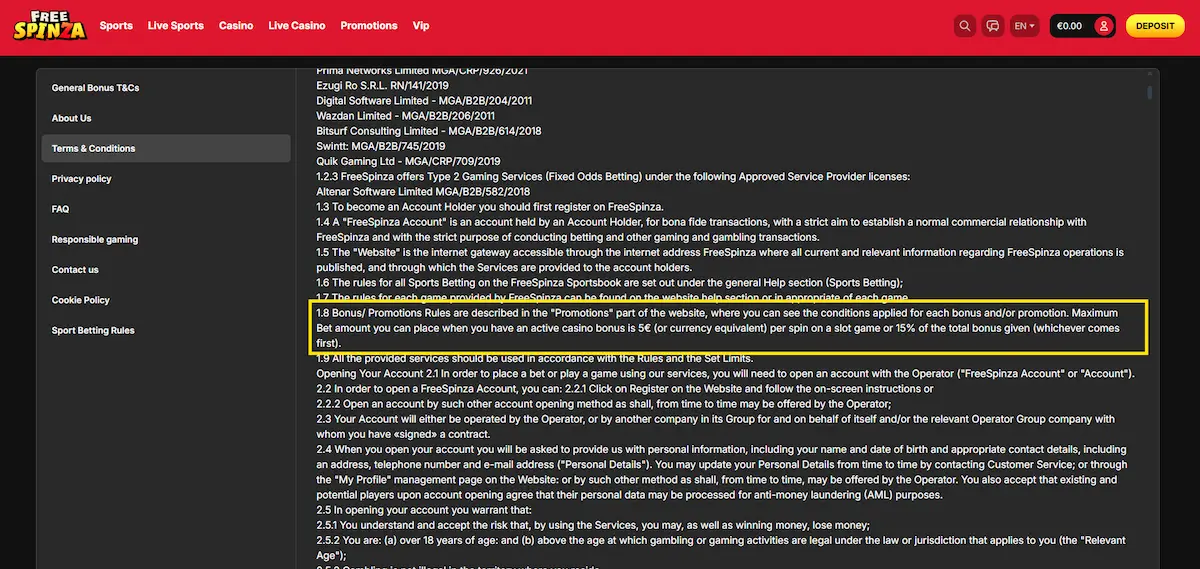 FreeSpinza bonus max bet limit display showing the €0.50 minimum and 15% bonus ceiling rule