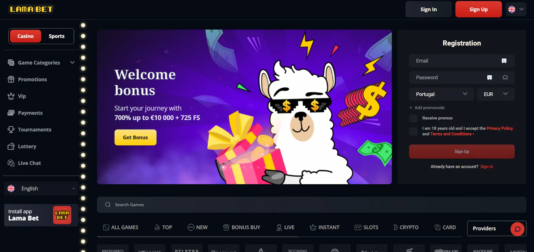 Lamabet casino homepage displaying a welcome bonus banner, navigation menu, sign-up and login buttons, and game category filters.