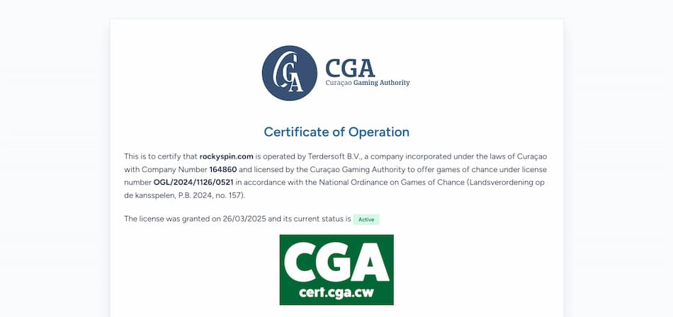 Rockyspin Casino's Curacao licence details against a whitebackground.