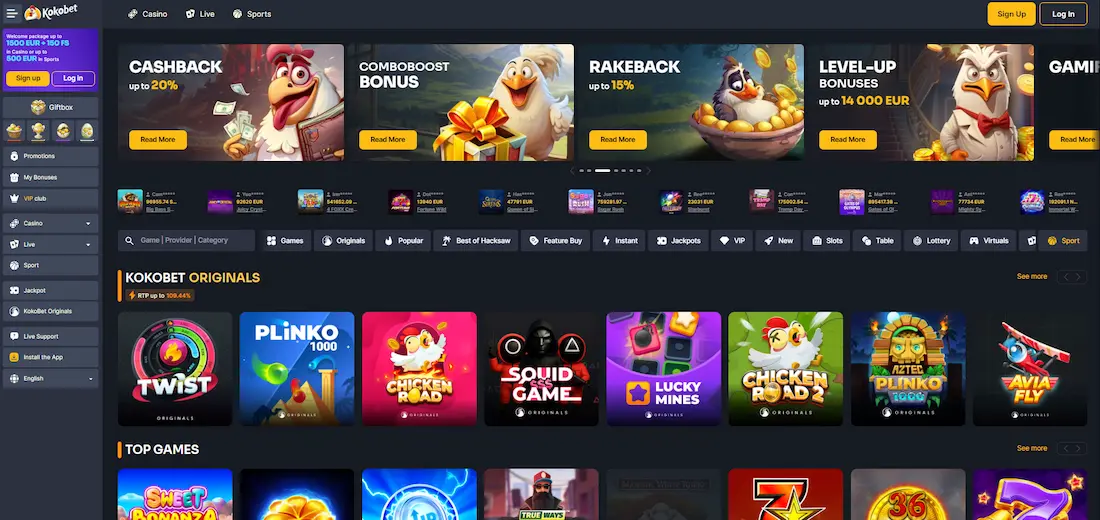 Koko.bet casino homepage showing a welcome bonus banner, rooster mascot, navigation menu, sign-up and login buttons, Kokobet Originals section, and featured top games