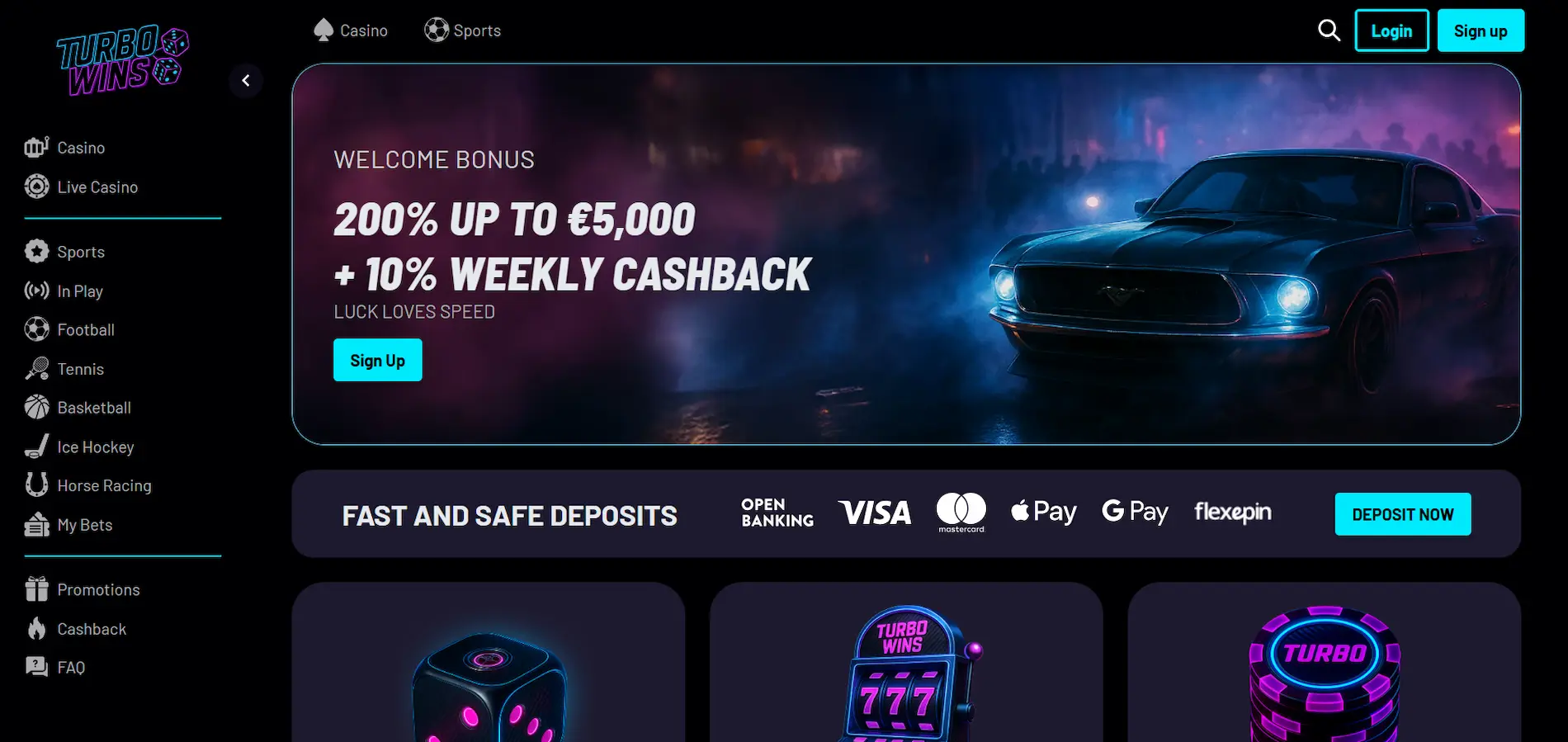 Turbo Wins Casino homepage displaying the welcome bonus offer, a racing car banner, navigation menu, secure deposit icons, and casino-themed graphics including dice, slots, and chips.