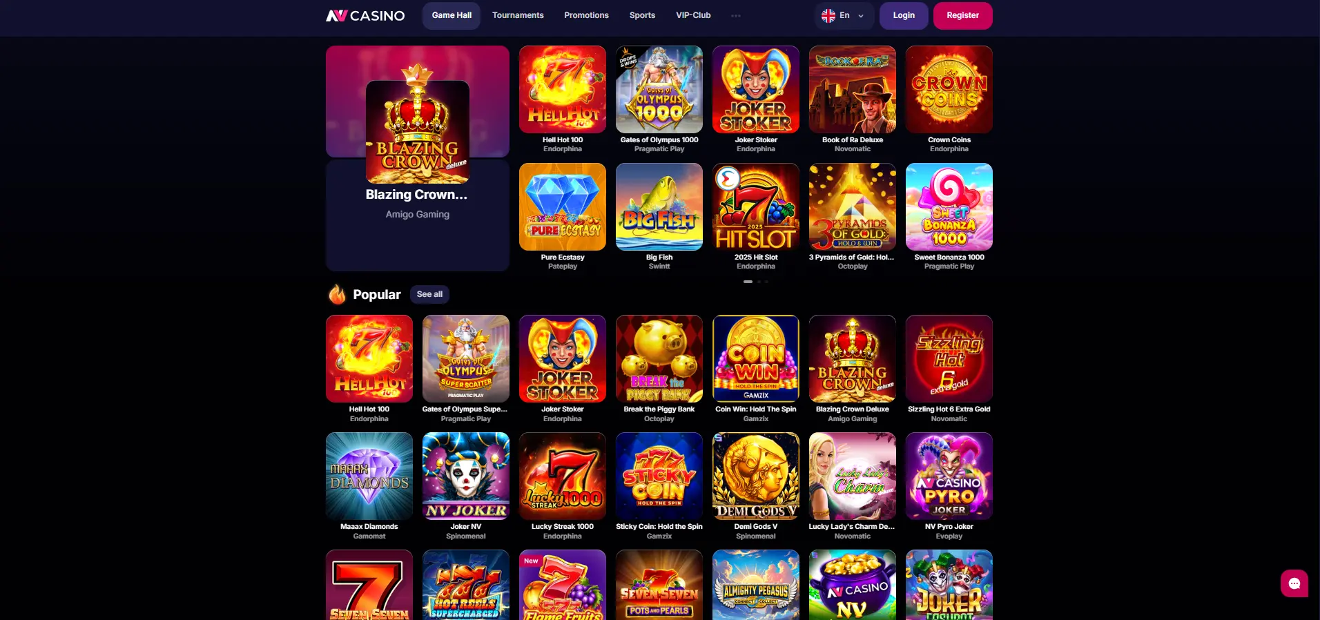 NV Casino game lobby showing navigation tabs for tournaments, promotions, sports, and VIP club, with featured games including Blazing Crown, Hell Hot 100, and Joker Stoker