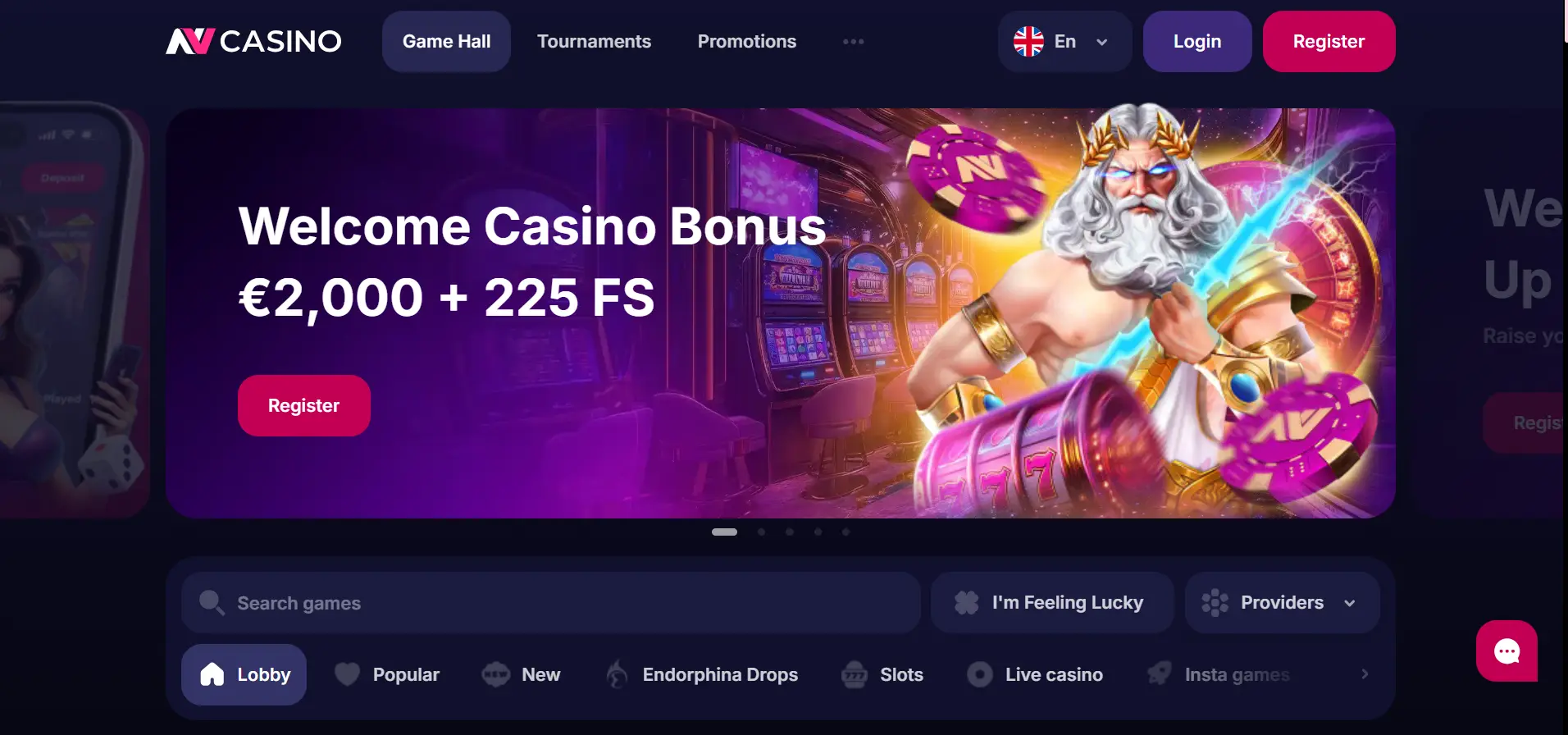 NV Casino homepage showcasing the game hall, tournaments, promotions, sports and VIP club navigation tabs, language selector, and login and register buttons, with a Zeus-themed welcome banner, package details, and game filter options
