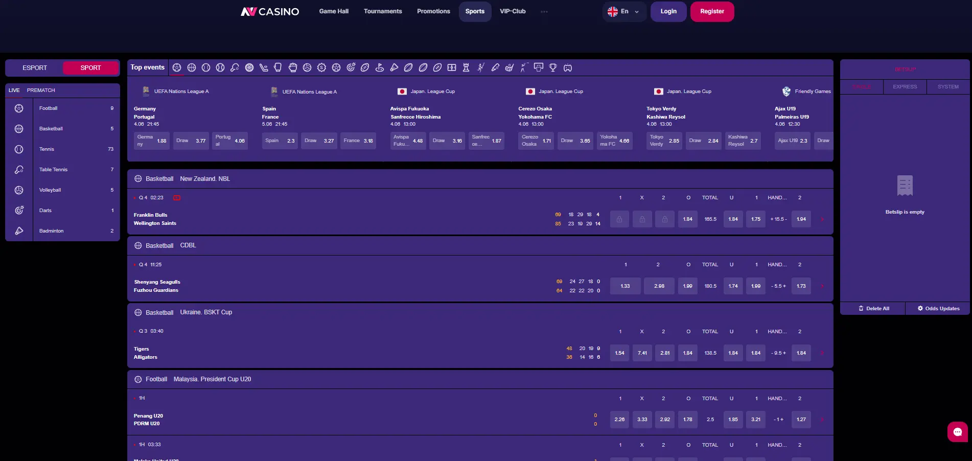 NV Casino sportsbook page displaying navigation tabs for game hall, tournaments, promotions, sports and VIP club, along with esports, sport, live and pre-match filters, a sports event listing, sport category sidebar, and a bet slip panel