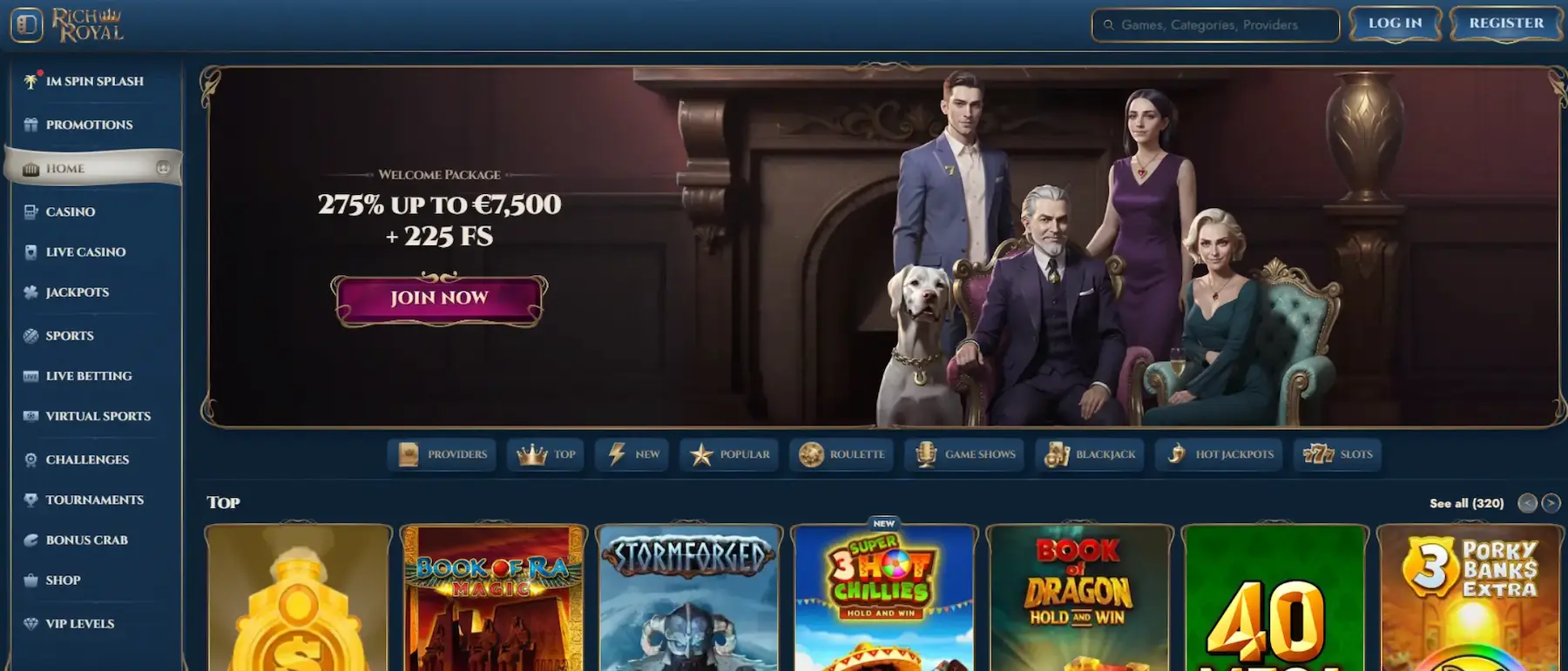Rich Royal Casino lobby showing game selection and homepage layout