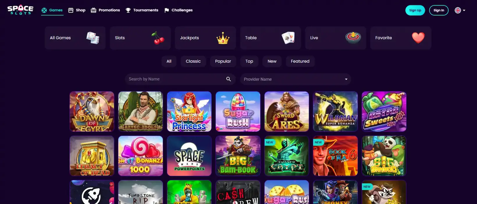 Space Slots Casino game lobby showing over 3,000 available titles
