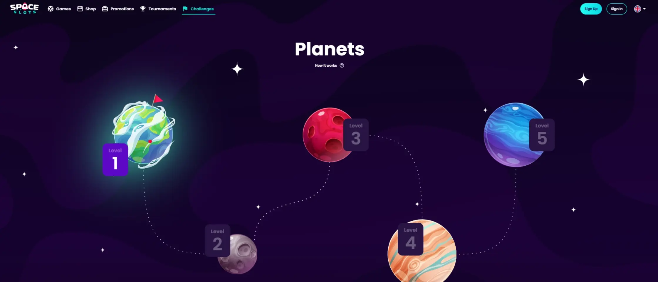 Space Slots Challenges Page Showing Active Player Missions