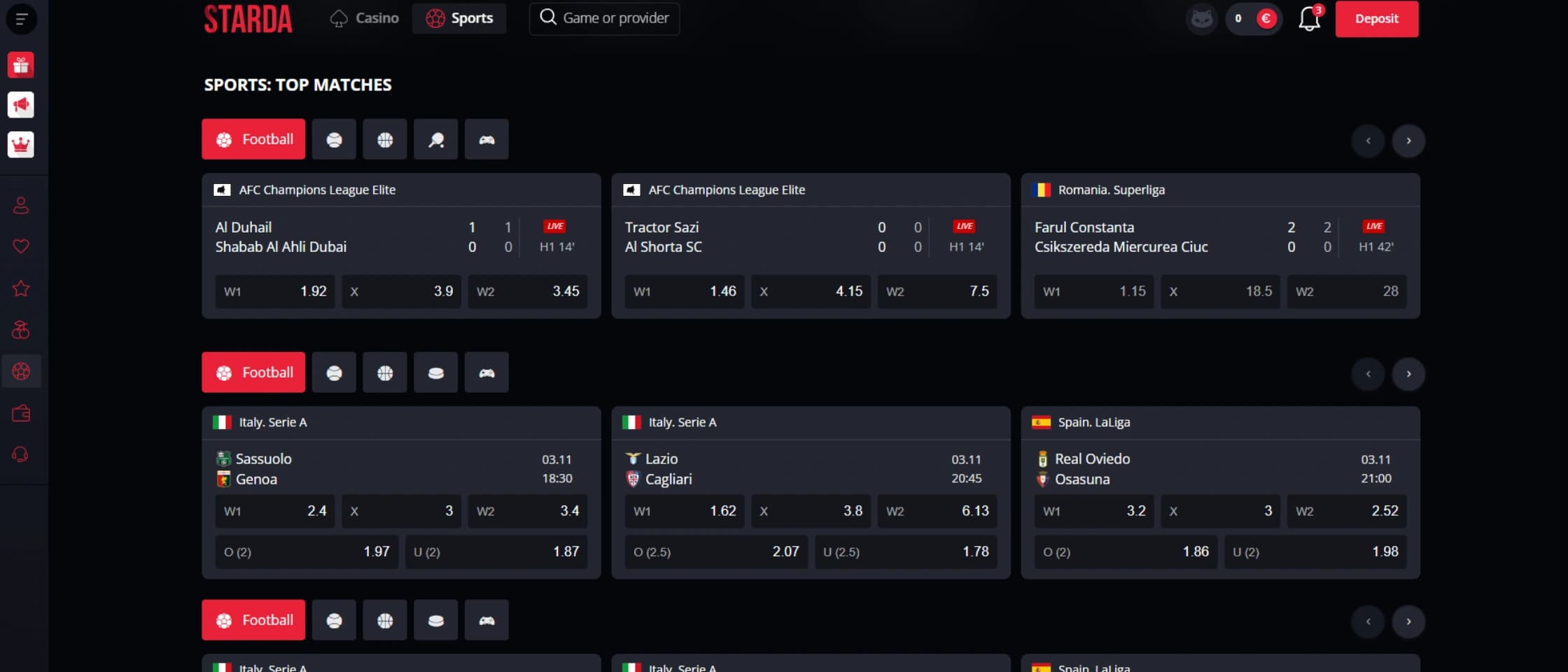 Starda Casino sportsbook betting interface showing available sports markets