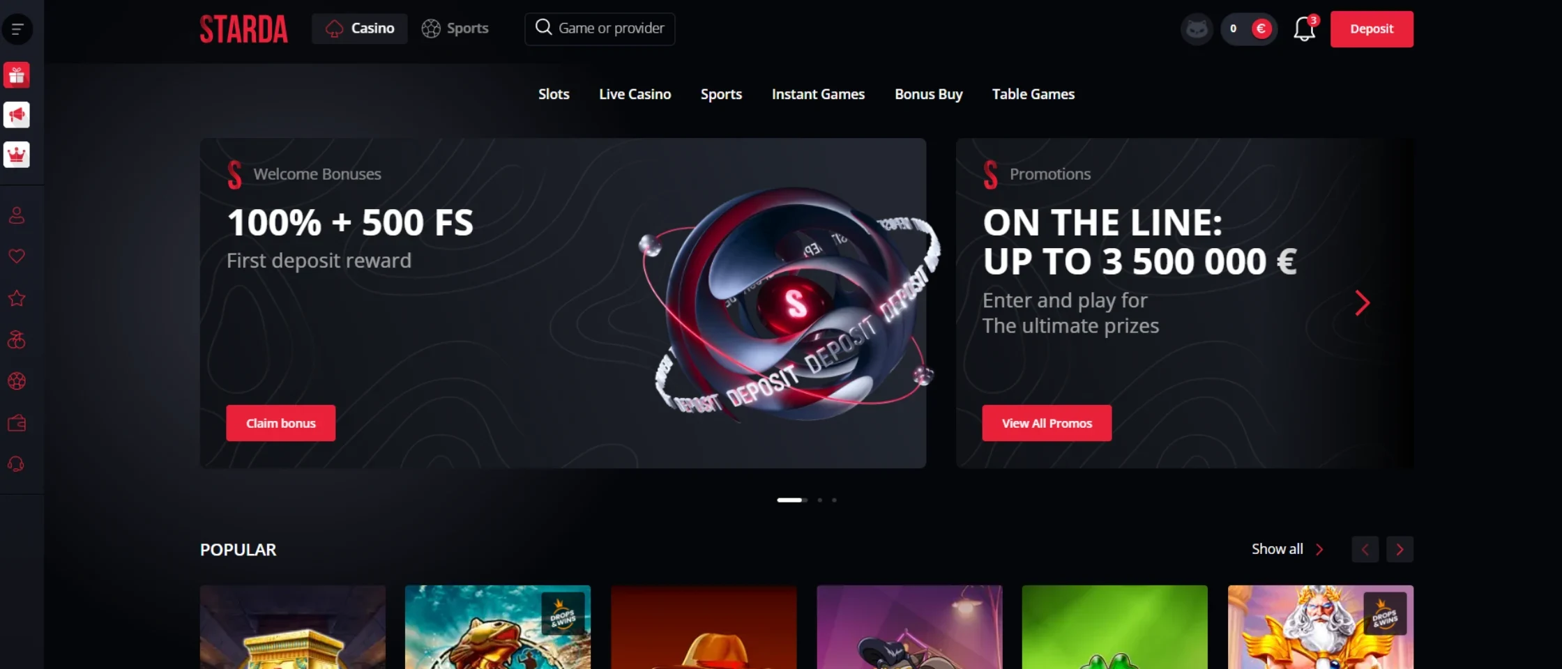 Starda casino homepage support and navigation menu