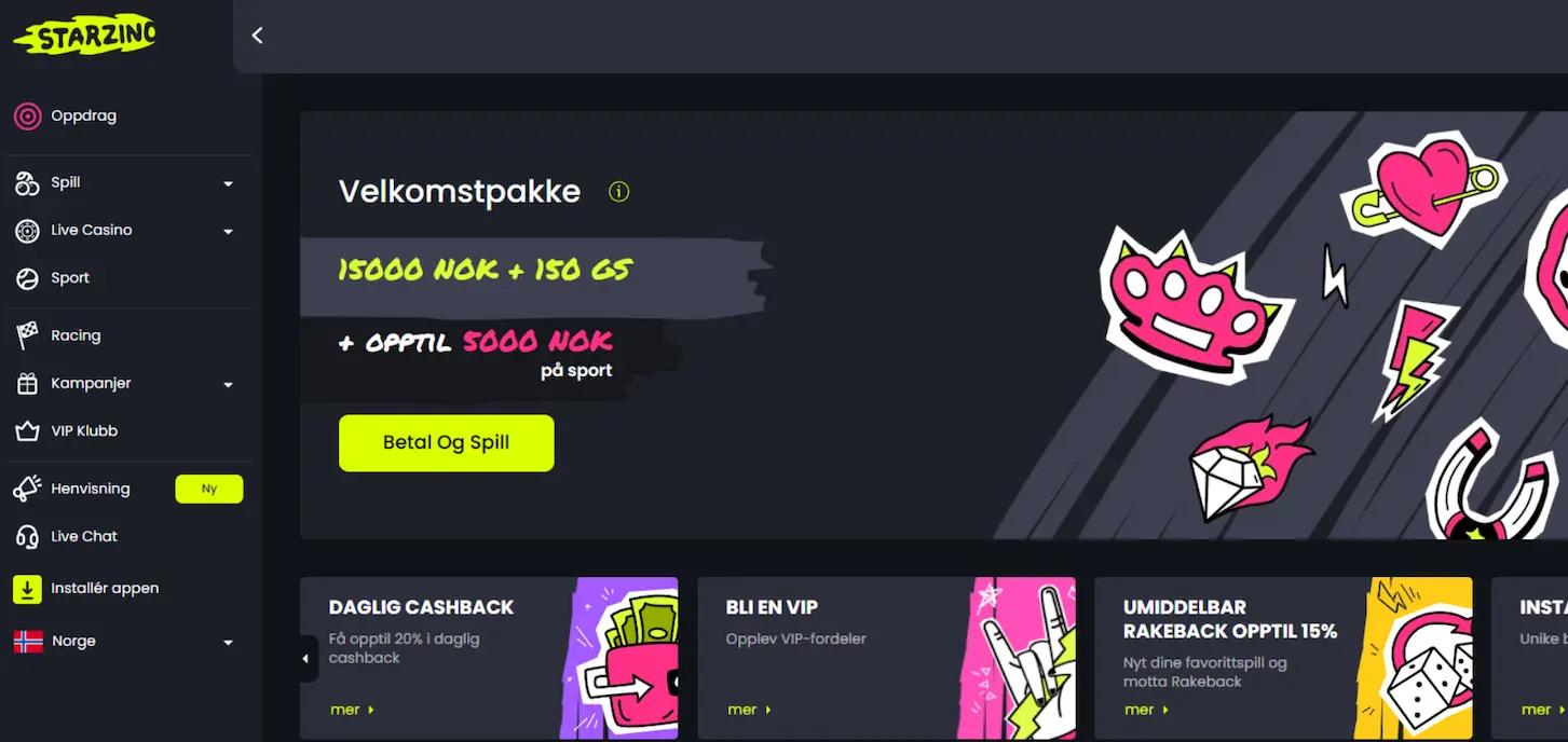 Starzino casino sin hjemmeside med navigasjonsmeny og oversikt over tilgjengelige bonustilbud.