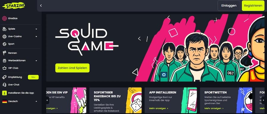 Starzino Casino Startseite mit Spielangebot und Willkommensbonus