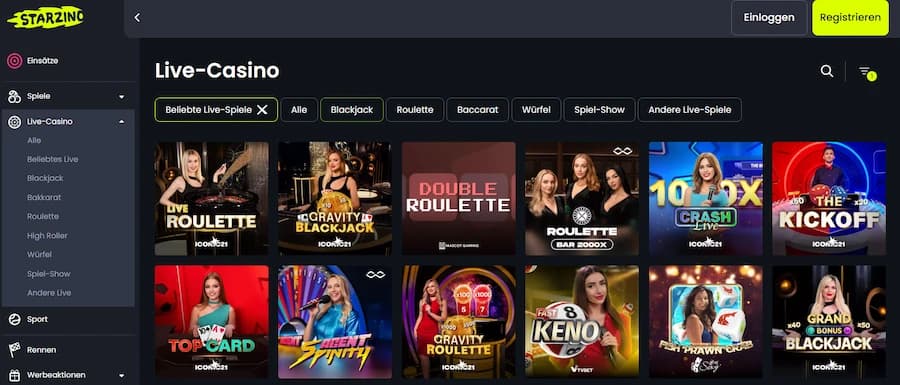 Live Casino Spieleseite bei Starzino mit echten Dealern und verschiedenen Tischspielkategorien