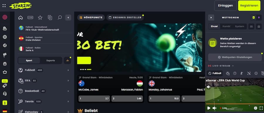 Sportwetten-Bereich im Starzino Casino.