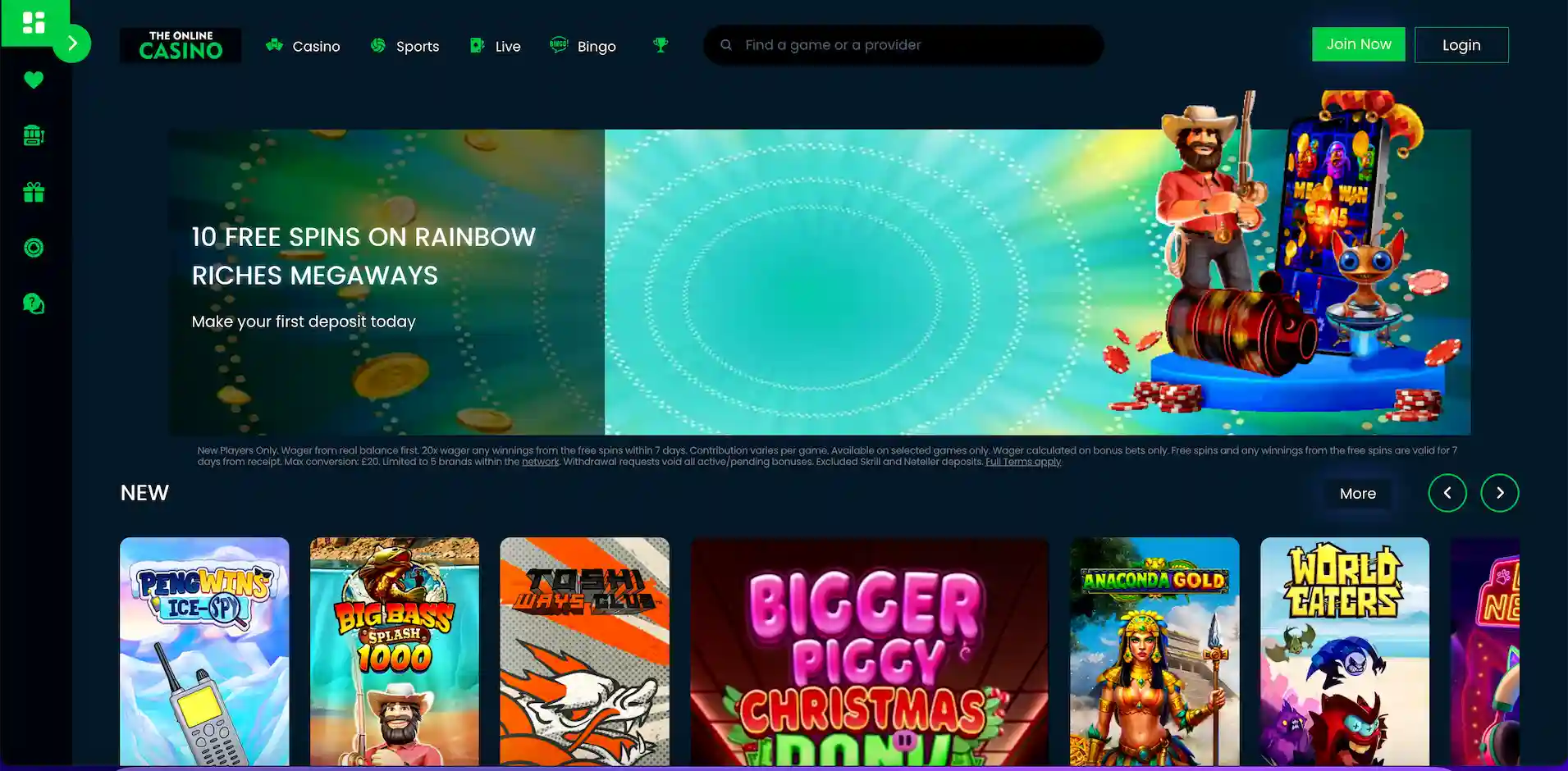 The Online Casino official homepage showing casino and sportsbook options