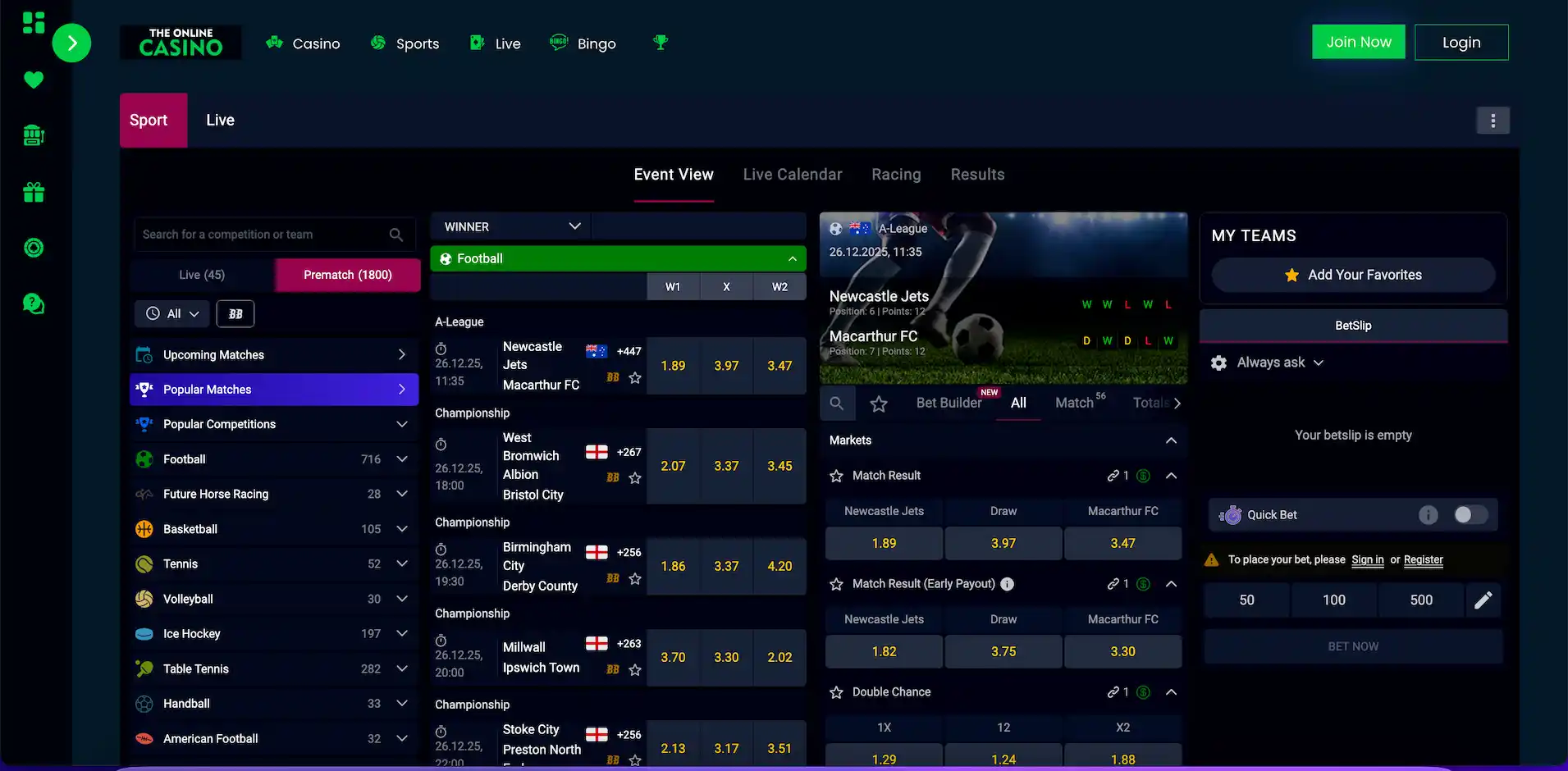The Online Casino sportsbook interface showing live betting markets and odds