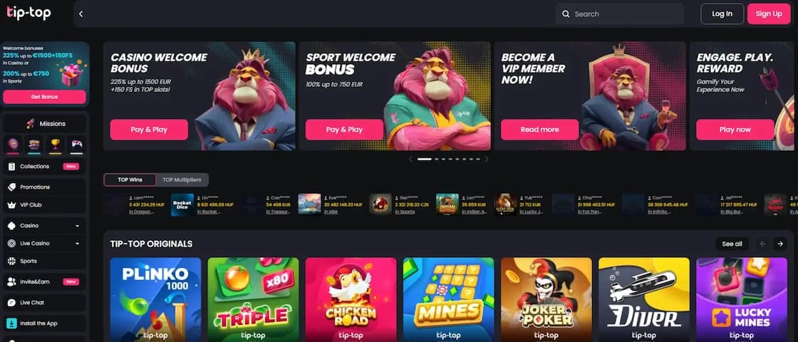 Tip-Top Casino official homepage displaying the main banner and navigation menu.