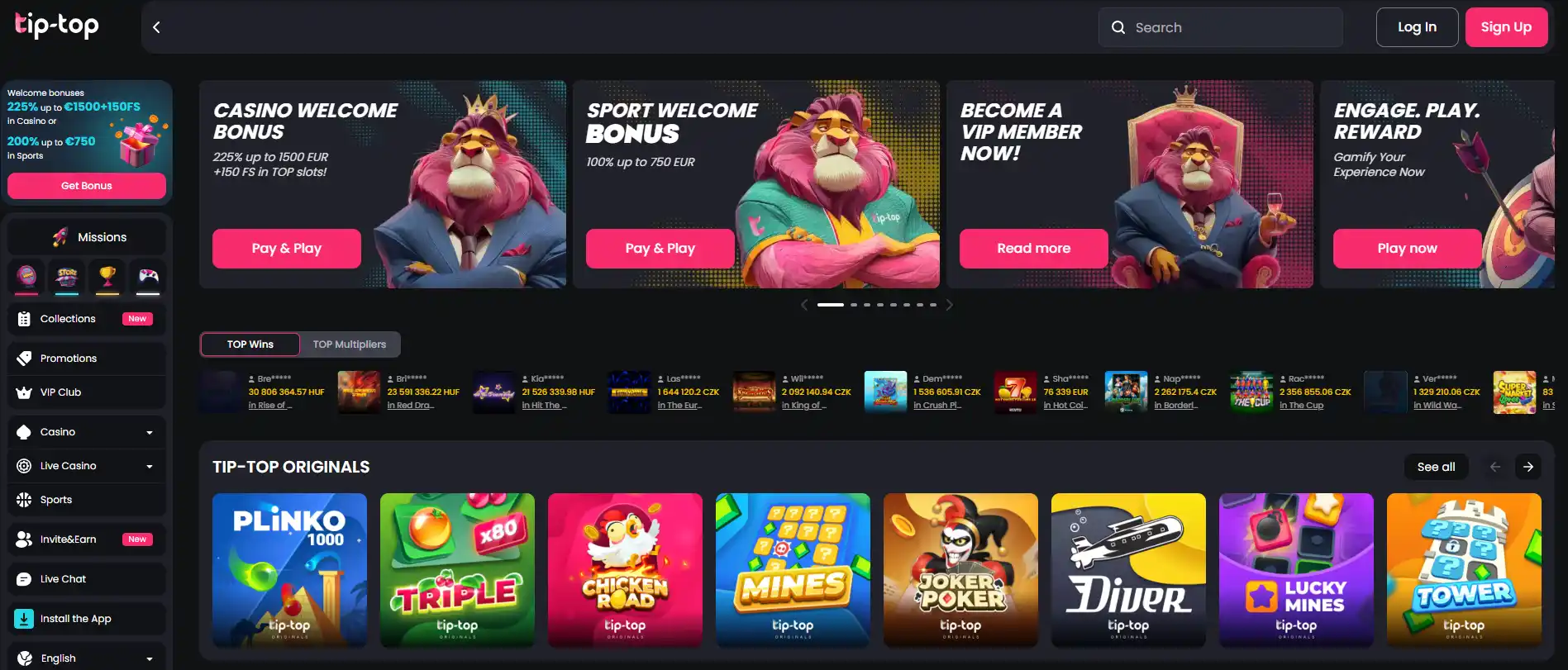 Tip-Top Casino Startseite mit Willkommensbonus-Paket und aktuellen Aktionen