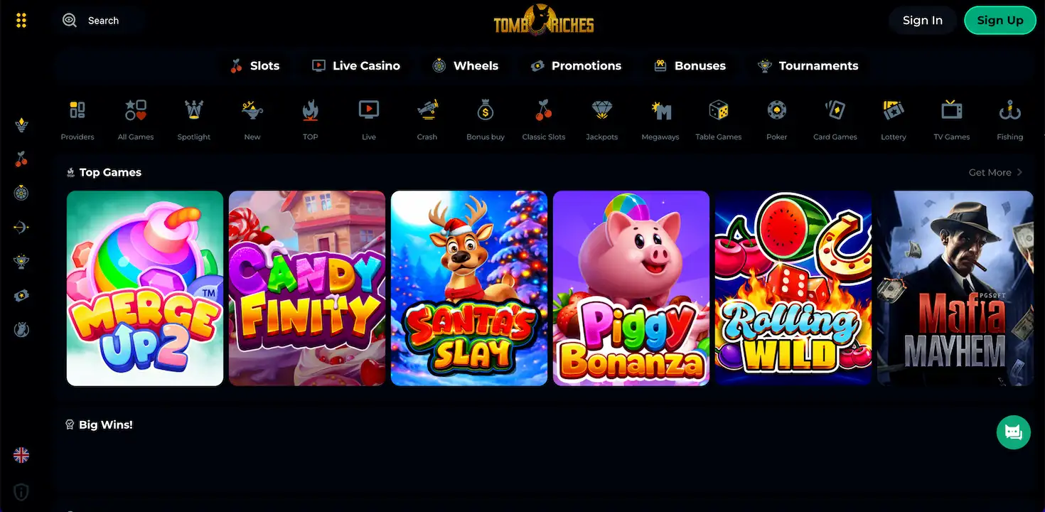 Tomb Riches Casino official homepage banner showing game lobby and promotions