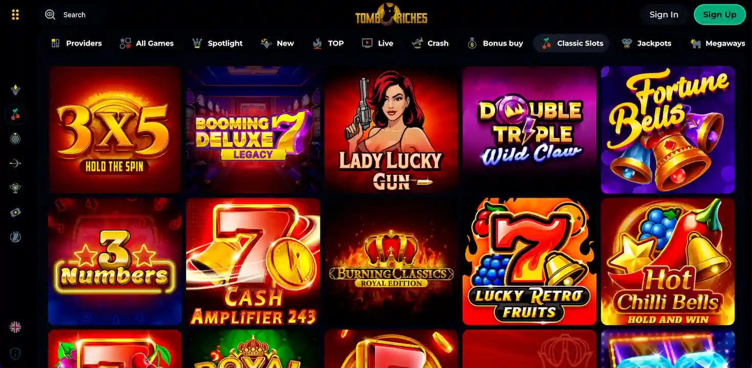 Tomb Riches Casino game lobby showing a wide selection of casino titles.
