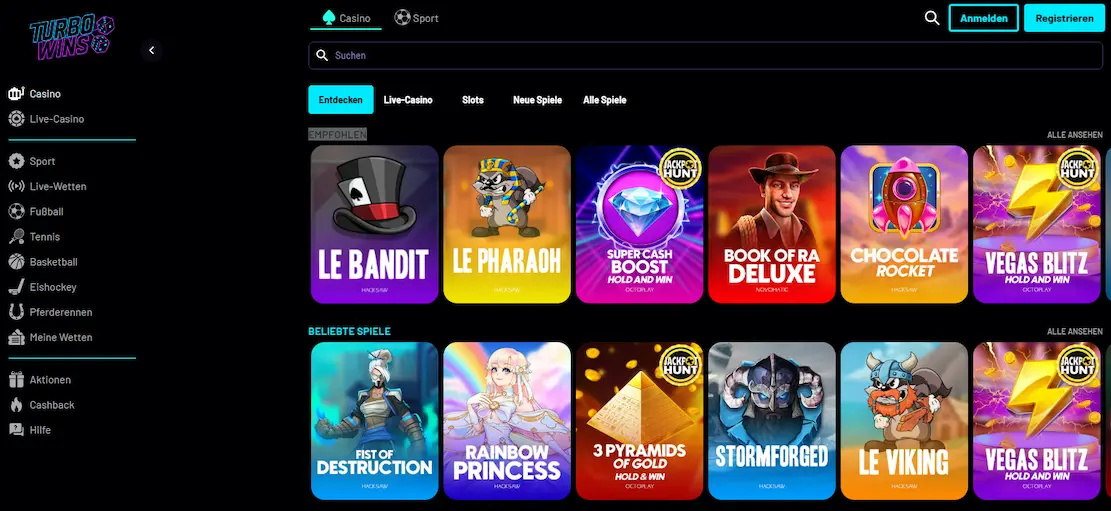 Turbo Wins Startseite mit beliebten Spielautomaten und Casino-Highlights