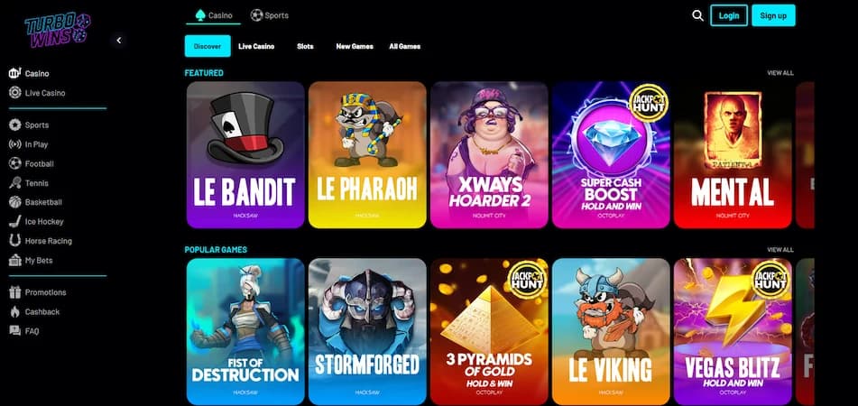 Turbo Wins casino game library showing menu options and featured titles including Le Bandit, Fist of Destruction, and Stormforged.