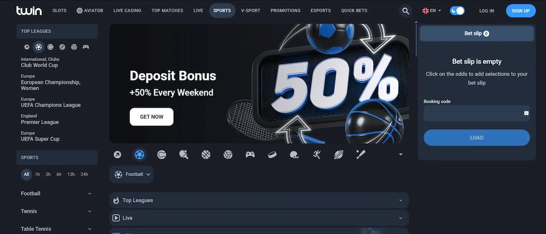 Twin Casino sports betting section showing live odds and market options