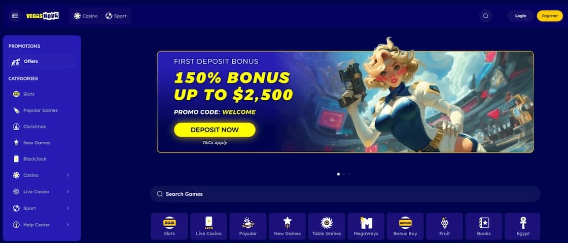 VegasNova Casino homepage screenshot showing the main lobby and navigation menu