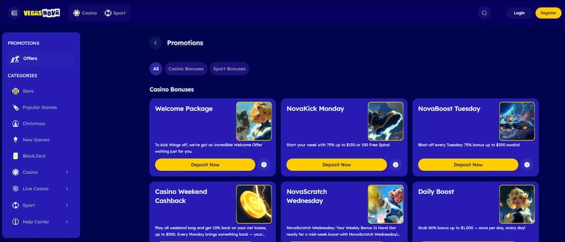 VegasNova Casino promotions page displaying available bonuses and cashback offers for Canadian players