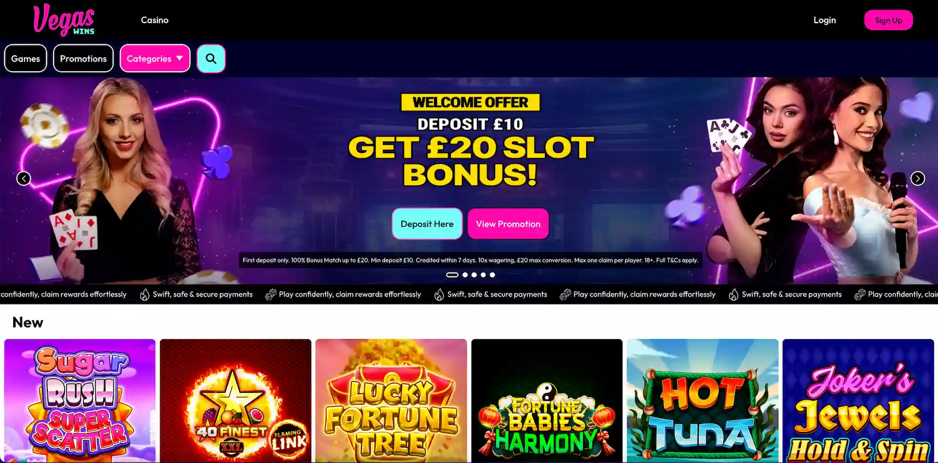 Vegas Wins Casino official homepage showing game lobby and promotions