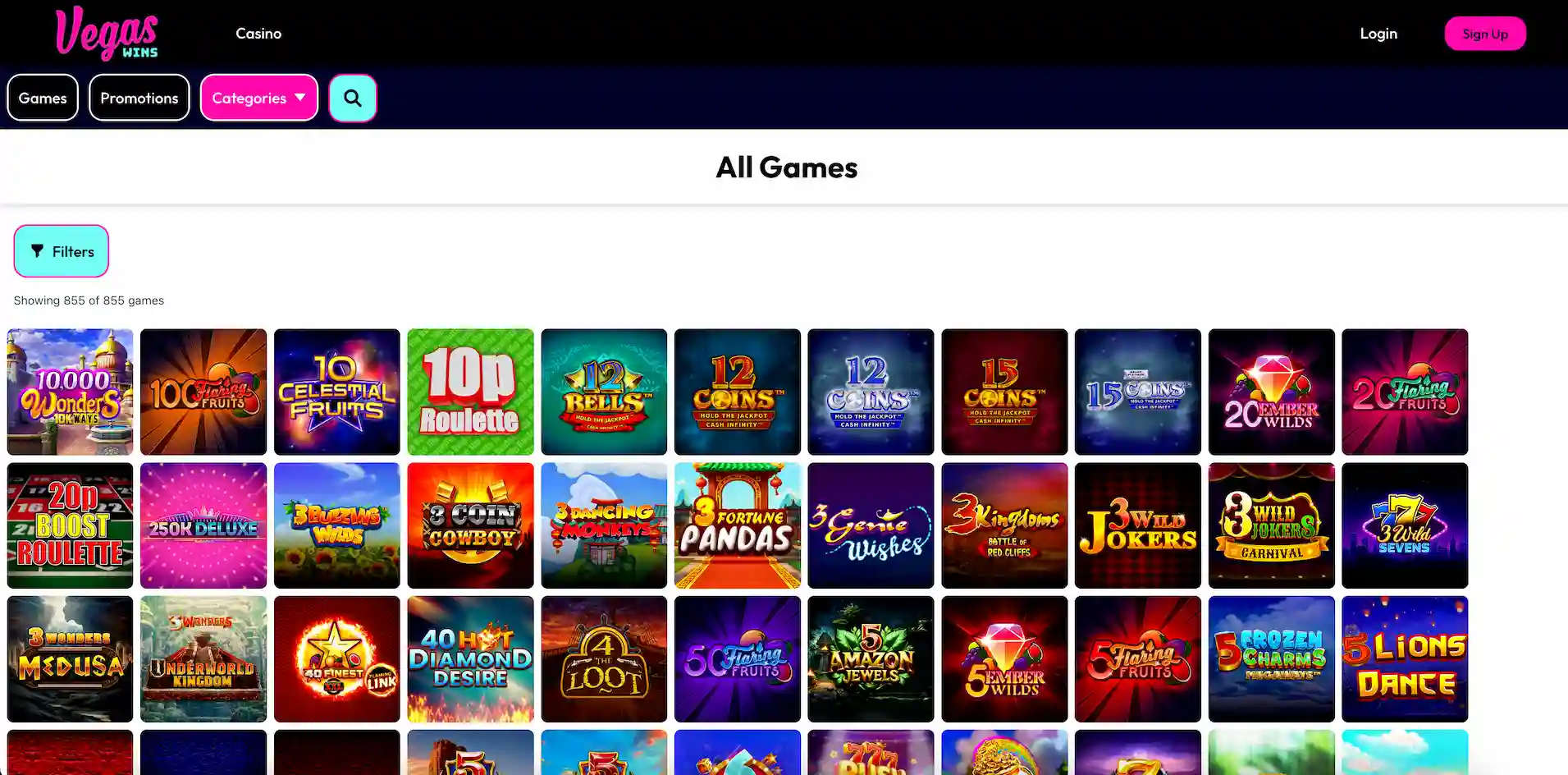 Vegas Wins Casino full game lobby showing a wide variety of available titles.