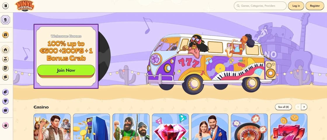 Vinyl Casino official homepage displaying its music-themed design and game lobby