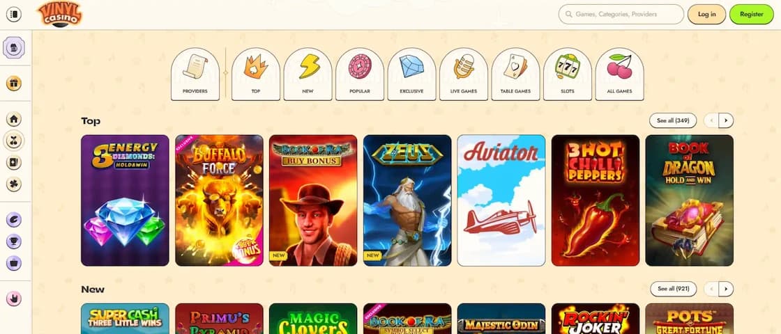 Vinyl Casino game library showcasing available titles