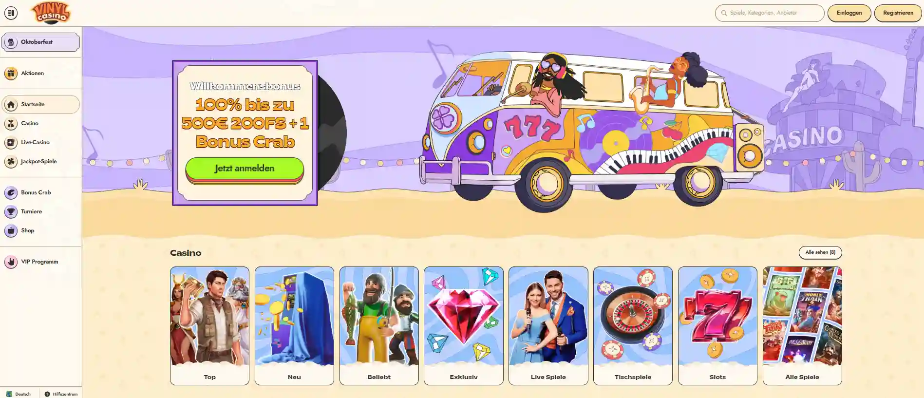 Vinyl Casino Startseite mit Willkommensbonus und Spielübersicht