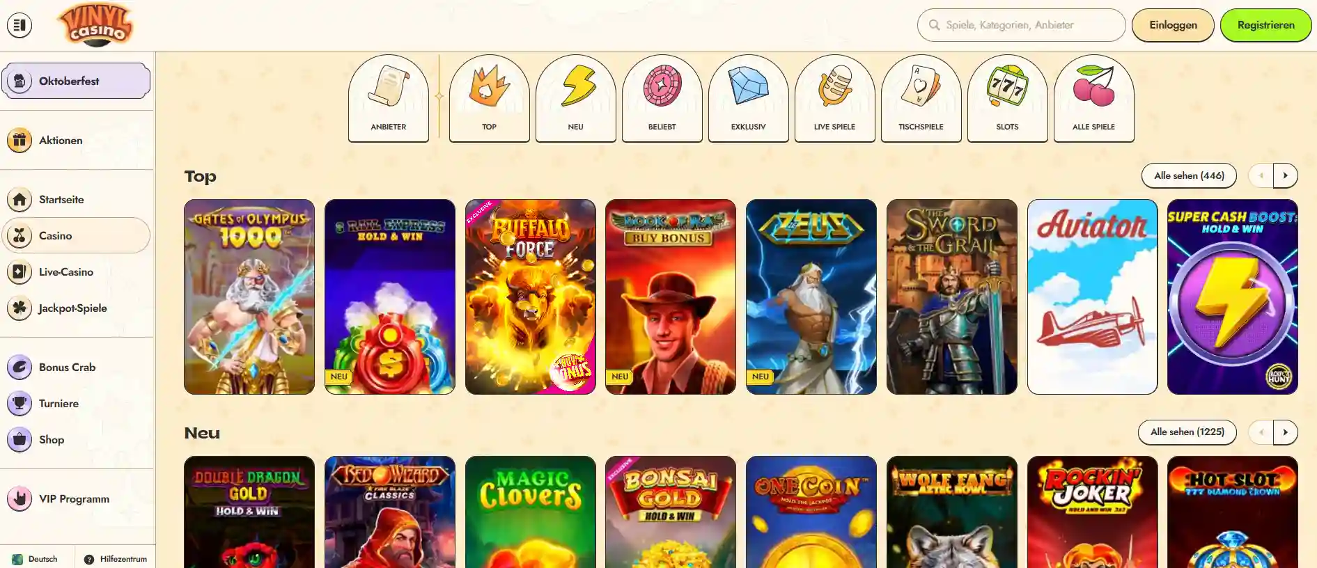 Vinyl Casino mit einer Auswahl an neuen und beliebten Spielautomaten.