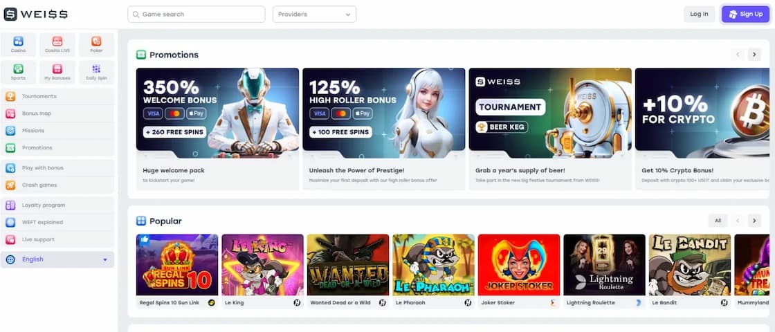 Weiss Casino homepage overview for Canadian players