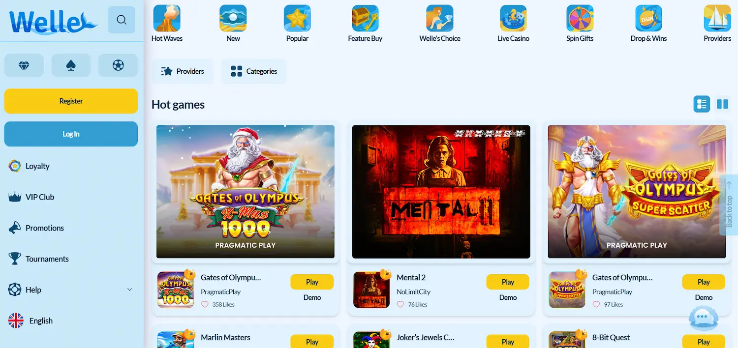Welle Casino game lobby showing category filters, hot game selections, and titles including Games of Olympus