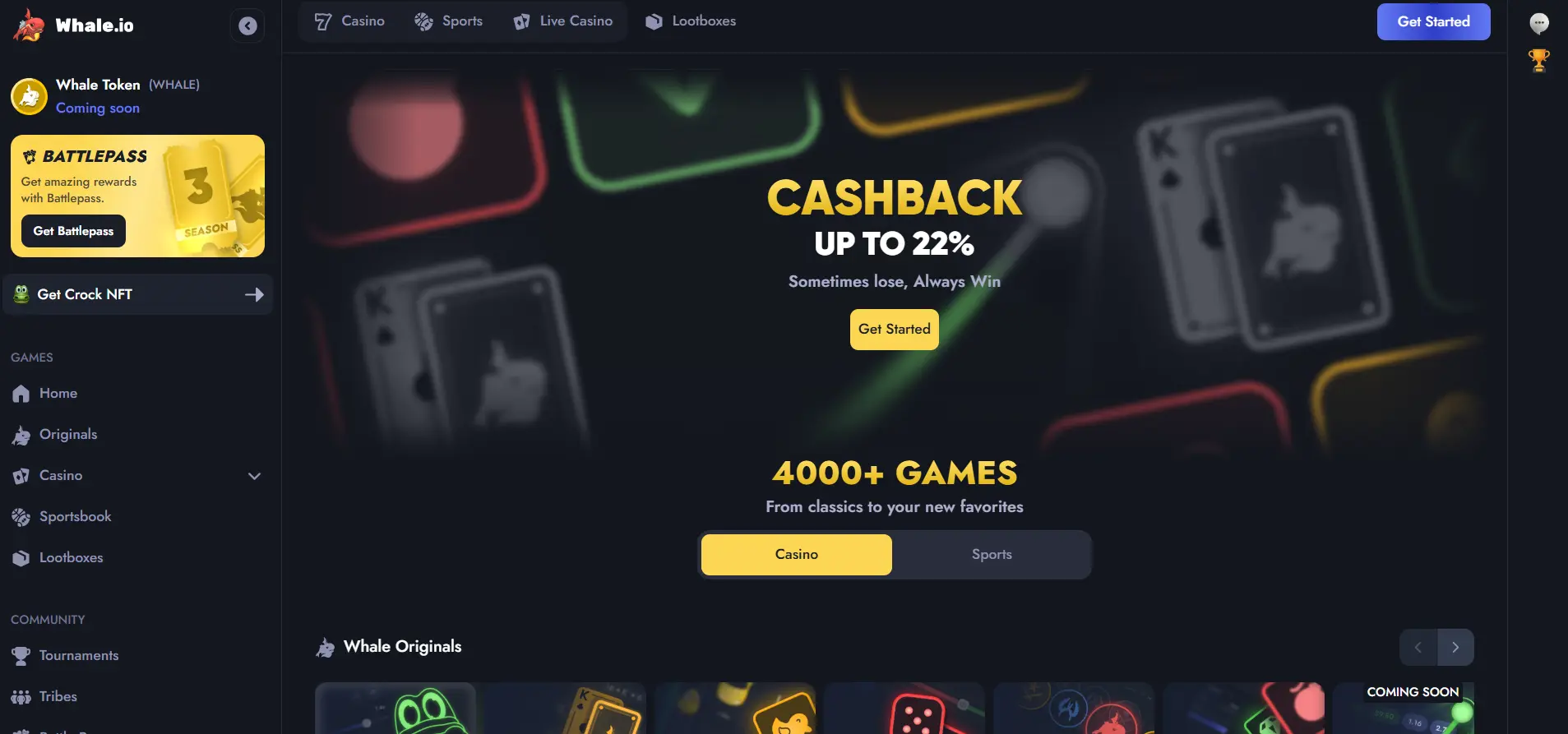 Whale.io Casino homepage displaying the main menu and cashback bonus details on a dark background.