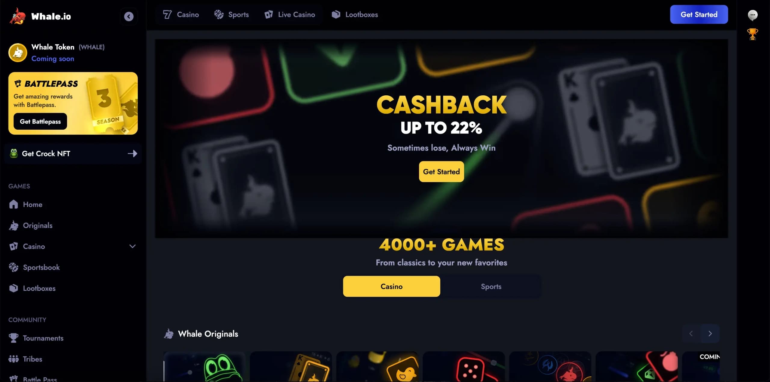 Whale.io Casino homepage showing the main lobby for Canadian players