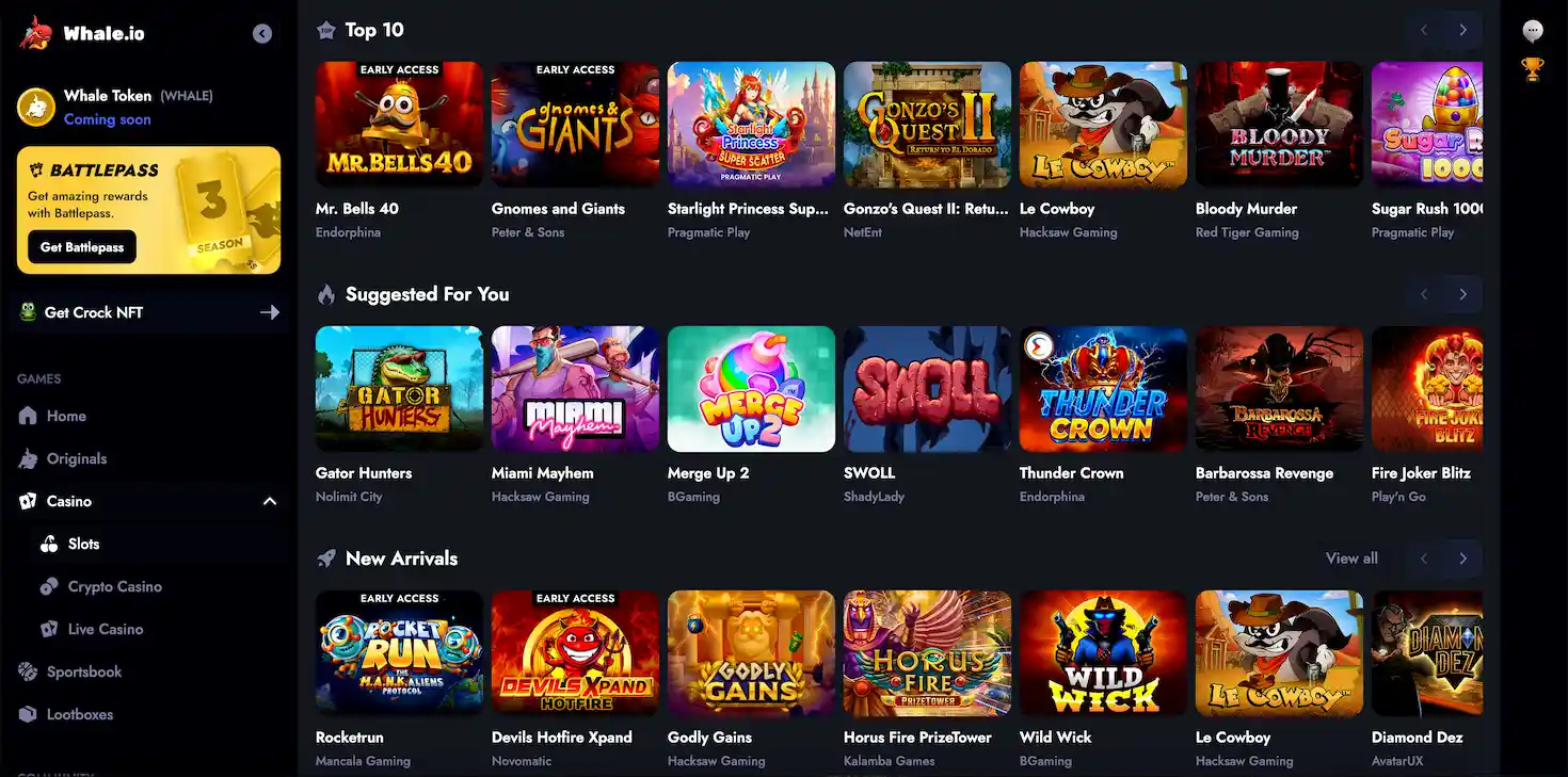 Whale.io Casino lobby showcasing its full game selection for Canadian players.